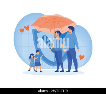 Familie, die zusammen unter dem Versicherungsschirm steht. Schildschutz für Eltern und Kinder. Kranken- und Lebensversicherungskonzept für Banner. Flacher Vect Stock Vektor