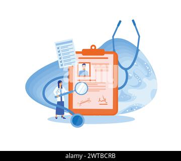 Krankengeschichte und Krankenakte für Krankenhausarzt Tiny Person Konzept. Dokumentieren Sie den Krankheitsverlauf, die Diagnose und die Behandlung des Patienten Stock Vektor