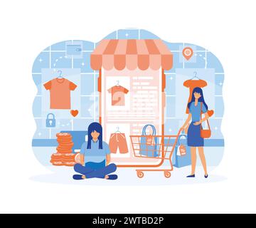 Mobiles Online-Shopping. Die Leute kaufen Kleider, Hemden und Hosen in Online-Shops. Sonderangebot, Rabattkonzept. Moderne Illustration des flachen Vektors Stock Vektor