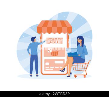 Menschen kaufen online ein. Online-Shop mit Mobilgerät. Mann und Mädchen shoppen über Smartphone und Laptop. Moderne Illustration des flachen Vektors Stock Vektor