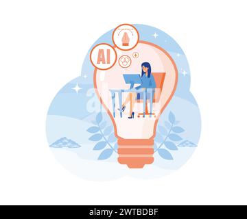 Erstellung von Inhalten, Konzept für kreative Personen. Eine Entwicklerin oder Designerin sitzt in einer Glühbirne mit Laptop und arbeitet an einem kreativen Projekt. Flat Vector mod Stock Vektor