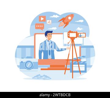 Erstellung von Videoinhalten für soziale Medien. Mit seinen Werkzeugen, Kamera, Mikrofon und zusätzlichen Symbolen. Moderne Illustration des flachen Vektors Stock Vektor