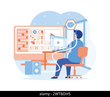 Video-Editor-Konzept. Produktion von Multimedia-Inhalten und Bearbeitung von Filmmaterial. Webseitendreh machen, Filmaufnahmen machen. Moderne Illustration des flachen Vektors Stock Vektor