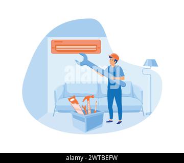 Reparatur oder Installation der Klimaanlage mit Geräteausfall, Wartungsservice, Kühlsystem. Moderne Illustration des flachen Vektors Stock Vektor