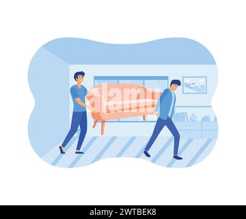 Hausreparaturdienste, Facharbeiter. Die Jungs bewegen Sofaböbel im Zimmer. Moderne Illustration des flachen Vektors Stock Vektor