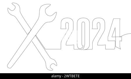 Eine durchgehende Linie des Schlüssels mit der Nummer 2024. Vektorkonzept für die Darstellung dünner Linien. Konturzeichnung kreative Ideen. Stock Vektor