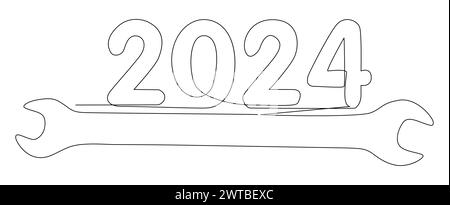 Eine durchgehende Linie des Schlüssels mit der Nummer 2024. Vektorkonzept für die Darstellung dünner Linien. Konturzeichnung kreative Ideen. Stock Vektor