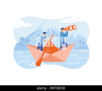 Führungskonzept. Geschäftsmann-Führer, der durch ein Teleskop von zwei Geschäftsleuten blickt, steht mit einem Paddel auf einem Papierboot auf dem Meer. FL Stock Vektor