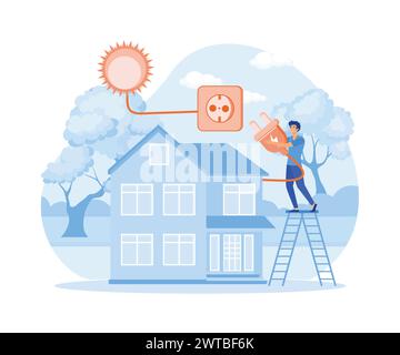 Photovoltaikanlage für Smart Home, umweltfreundliche Technologie. Mann, der Stecker auf Kabel mit Steckdose verbindet, die von der Sonne zum Ladungsgenerator führt, mit Solarpanel auf dem Zimmer Stock Vektor
