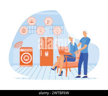 Älteres Ehepaar mit Fernbedienung auf einem digitalen Tablet. Grauhaariger Rentner in Brille hilft seiner Frau mit einer neuen Smartphone-App. f Stock Vektor