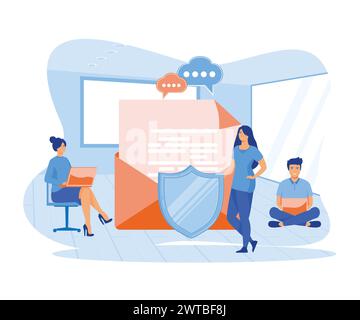 Private Nachrichten, E-Mail-Verschlüsselung, Schutz vertraulicher Informationen. Eine Gruppe von Menschen steht in der Nähe von Umschlägen, Briefen, Schildern. Flacher Vektor modern i Stock Vektor