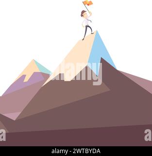 Mann klettert auf den Berg mit Flagge. Comic-Geschäftserfolg Stock Vektor