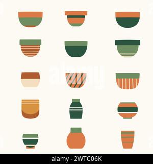 Vektorsatz von flachen handgezeichneten keramischen Blumentöpfen isoliert vom Hintergrund. Gemütliche Sammlung verschiedener farbenfroher Tontöpfe für die Töpferwerkstatt Stock Vektor