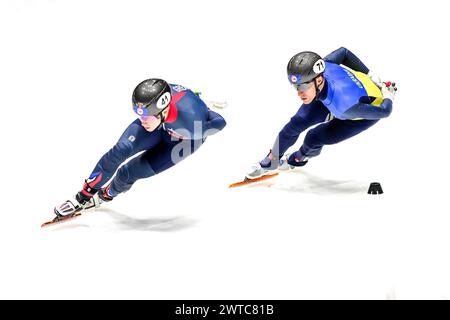 TREACY Niall GBR und HANDEI Oleh UKR traten am 2. Tag während der World Short Track Speed Skating Championship von Rotterdam am 16. März 2024 an. Foto von Phil Hutchinson. Nur redaktionelle Verwendung, Lizenz für kommerzielle Nutzung erforderlich. Keine Verwendung bei Wetten, Spielen oder Publikationen eines einzelnen Clubs/einer Liga/eines Spielers. Quelle: UK Sports Pics Ltd/Alamy Live News Stockfoto