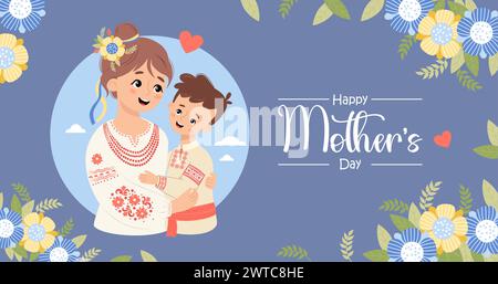 Happy Mothers Day Poster. Ukrainische Frau Mama und Sohn in traditioneller Kleidung besticktes Hemd auf blauem Hintergrund mit gelben blauen Blumen. Horizonta Stock Vektor