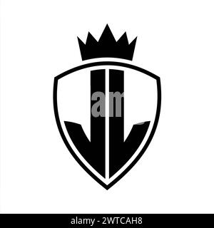 Auffälliges Monogramm JL Letter mit Schild- und Kronenumrissform mit schwarz-weißer Farbvorlage Stockfoto