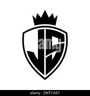 Auffälliges Monogramm des JS Letters mit Schild- und Kronenumrissform mit schwarz-weißer Farbvorlage Stockfoto
