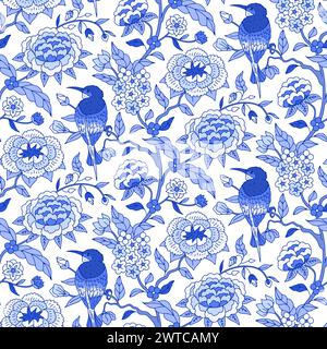 Nahtloses Muster mit einfarbigen blauen Chinoiserie handgezeichneten Blumen und Vogelmotiven Stock Vektor