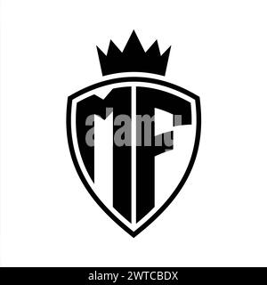 Auffälliges Monogramm des MF-Letters mit Schild- und Kronenumrissform mit schwarz-weißer Farbvorlage Stockfoto