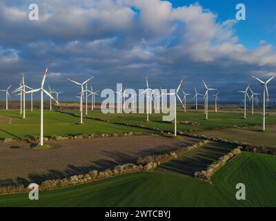 Petersdorf, Deutschland. März 2024. Die niedrige Abendsonne scheint auf die Windräder des Windparks „Odervorland“ (Luftbild mit einer Drohne aufgenommen). Quelle: Patrick Pleul/dpa/Alamy Live News Stockfoto