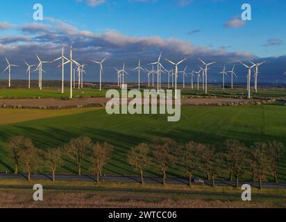 Petersdorf, Deutschland. März 2024. Die niedrige Abendsonne scheint auf die Windräder des Windparks „Odervorland“ (Luftbild mit einer Drohne aufgenommen). Quelle: Patrick Pleul/dpa/Alamy Live News Stockfoto