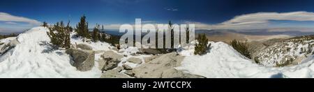 Panoramablick auf einen verschneiten Berg mit Kiefern. Der Himmel ist klar und blau, und der schneebedeckte Boden verleiht der Szene einen friedlichen und ruhigen geldautomaten Stockfoto