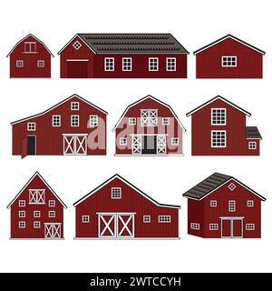 Große rote Holzscheune mit Fenstern und Türen. Isoliert beherbergt Symbole auf weißem Hintergrund Stock Vektor