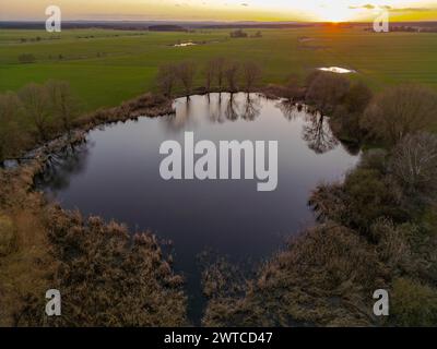 Petersdorf, Deutschland. März 2024. Die niedrige Abendsonne scheint über die Landschaft mit einem kleinen Teich (Luftsicht mit Drohne). Quelle: Patrick Pleul/dpa/Alamy Live News Stockfoto