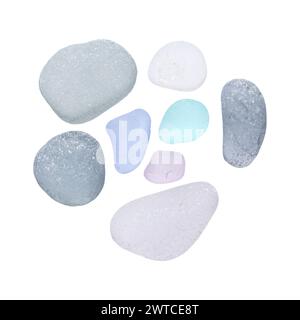 Stücke aus Meeresglas in verschiedenen Farben isoliert auf weißem Hintergrund Stockfoto