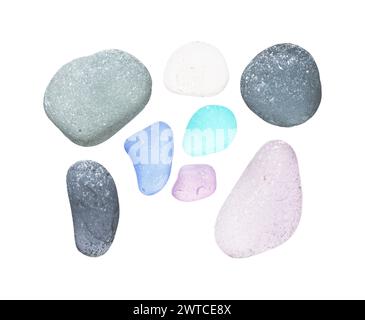 Stücke aus Meeresglas in verschiedenen Farben isoliert auf weißem Hintergrund Stockfoto