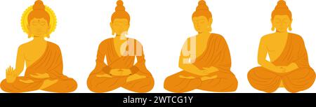 Set aus vier goldenen Buddha-Statuen. Sammlung sitzender Mönche Skulpturen im flachen Vektor-Stil Stock Vektor
