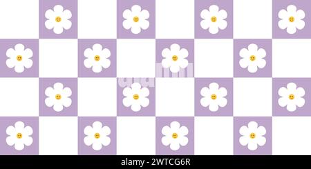 70er Jahre Vibes Groovy Schachbrettmuster großes Quadrat mit niedlicher Blume in Flieder Mesh. Gitterhintergrund, Psychedelic Retro Style. Stock Vektor