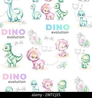 Nahtloses Aquarellmuster Baby Dino Ei für Kinderzimmer Design, Stockfoto