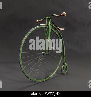 3D-Darstellung eines Retro-Penny-Farthing-Fahrrads vor schwarzem Hintergrund Stockfoto