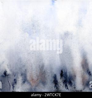 Blaugraues abstraktes Aquarell nahtloser Rand für horizontales, nahtloses Banner mit Farbflecken und Spritzern Stockfoto