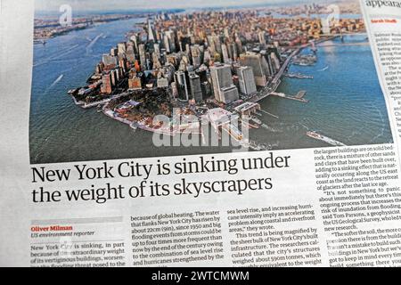 "New York City sinkt unter dem Gewicht seiner Wolkenkratzer." Guardian schreibt die Zeitung Climate Crisis Environment artikel 19 Mai 2023 London UK Stockfoto