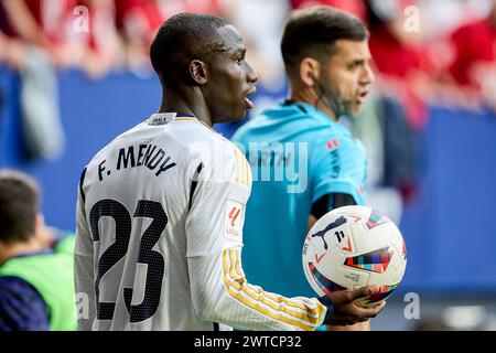 Pamplona, Spanien. März 2024. Ferland Mendy von Real Madrid, das während des LaLiga EA Sports Matches zwischen Osasuna und Real Madrid im El Sadar Stadium zu sehen war. Endergebnis: Osasuna 2:4 Real Madrid. Quelle: SOPA Images Limited/Alamy Live News Stockfoto