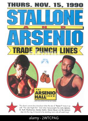 1990 Stallone und Arsenio zeigen die Arsenio Hall Show Promo Werbespot Stockfoto