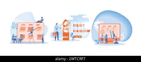 Büro- und Zeitmanagement. Akronym für Project Management Office. Agiles visuelles Projektmanagement. Moderne Illustration des flachen Vektors festlegen Stock Vektor