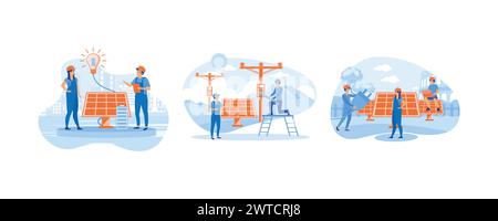 Installation von Solarenergie-Panels. Installation Von Solarenergie. Alternative Energiequelle mit Solarpaneelen. Moderne Illustration des flachen Vektors festlegen Stock Vektor