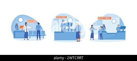 Krankenhausrezeptionist. Krankenhausrezeptionist gibt alte Frau Auskunft. Krankenhausempfang bei Patienten. Moderne Illustration des flachen Vektors festlegen Stock Vektor