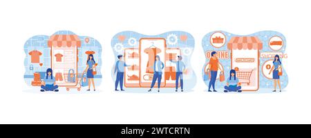 Mobiles Online-Shopping. Ein Mann und eine Frau kaufen Dinge im Online-Shop. Online-Shopping-Konzept. Moderne Illustration des flachen Vektors festlegen Stock Vektor