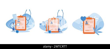 Krankengeschichte und Krankenakte für Krankenhausarzt Tiny Person Konzept. Elektronisches Gesundheitssystem für die Erhebung von Daten und Informationen. Medizinstudium Stock Vektor