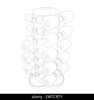 Umriss eines Satzes von Kurzhanteln unterschiedlicher Größe, die auf einem Rack platziert werden. Satz Kurzhanteln isoliert auf weißem Hintergrund. Designelement für Logo, Etikett, Schild Stock Vektor