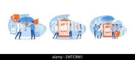 Krankenversicherungskonzept. Gesundheitswesen, Finanzen und medizinischer Dienst. Krankenversicherungskonzept für Landing-Page, Banner, Web-Design, Geschäft. Einstellen Stock Vektor