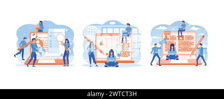 Konzeptblogging. Freiberufliche Autoren mit Laptops, die Internetinhalte erstellen. Inhaltsverwaltung. Moderne Illustration des flachen Vektors festlegen Stock Vektor