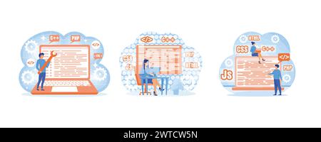 Webentwicklung. Programmierung und technische Entwicklung. Programmierer oder Entwickler erstellen eine Programmiersprache. Legen Sie den flachen Vektor modern illustratio fest Stock Vektor