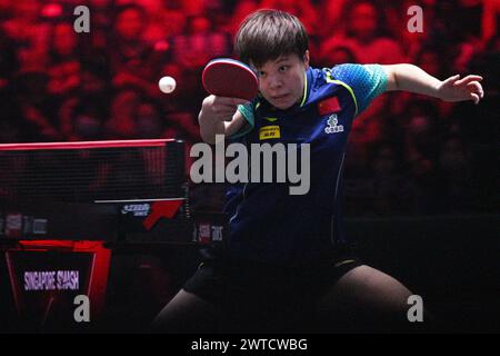 Singapur. März 2024. Wang Yidi aus China trifft beim World Table Tennis Singapore Smash 2024 in Singapur am 17. März 2024 im Singlefinale der Frauen gegen ihren Landsmann Wang Manyu. Quelle: Dann Chih Wey/Xinhua/Alamy Live News Stockfoto