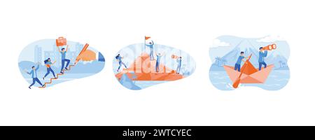 Führungskonzept. Führung und Teamarbeit. Geschäftsmann Anführer, der durch ein Teleskop von zwei Unternehmen schaut. Moderne Illustration des flachen Vektors festlegen Stock Vektor