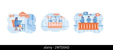 Kundendienst, Hotline-Betreiber berät Kunden. Lächelnde Büromitarbeiter mit Headsets. Kundendienst, Hotline-Betreiber konsultieren Kunden. Se Stock Vektor